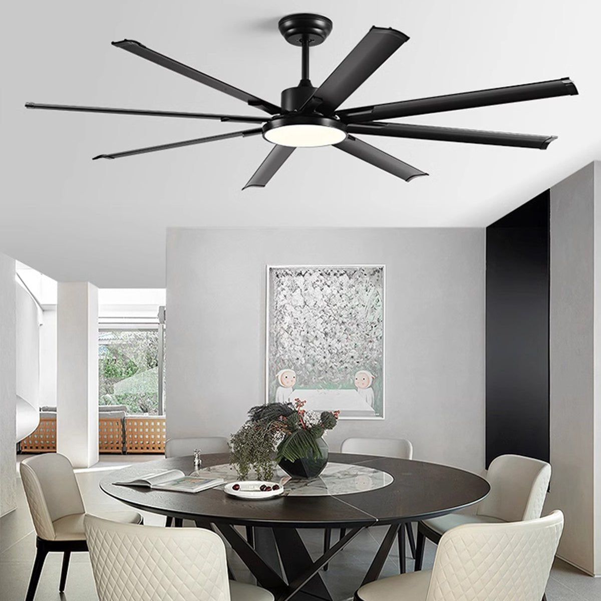 Mid-Century Modern Black 8-Blade Scandinavian DC Motor Ceiling Fan