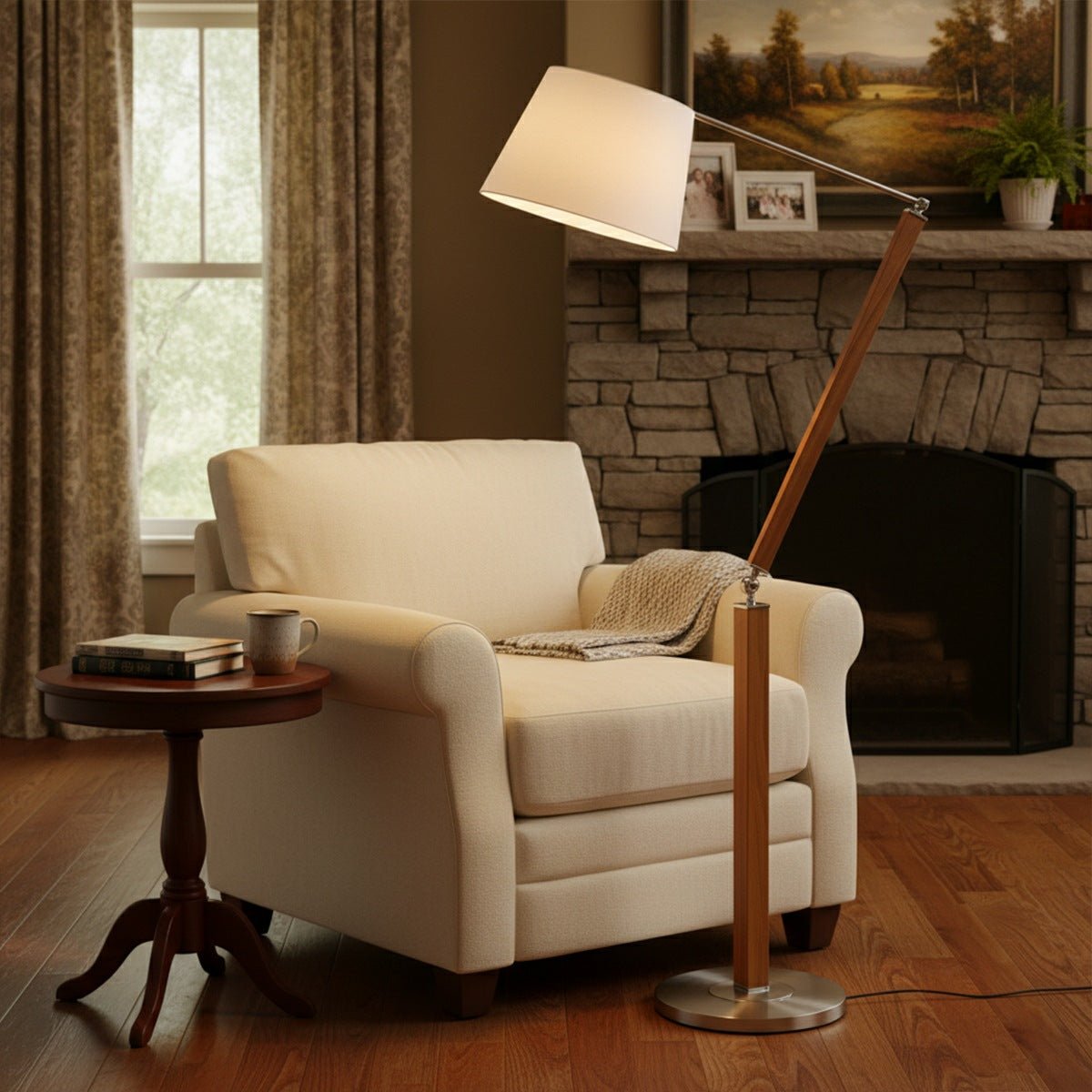 Vintage Wooden Swing Arm Floor Lamp with White Fabric Shade