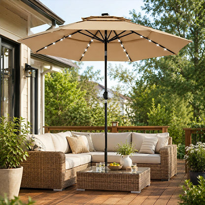 10FT 3 - Tier Solar Patio Outdoor Umbrella with 32 LED Lights - Flyachilles