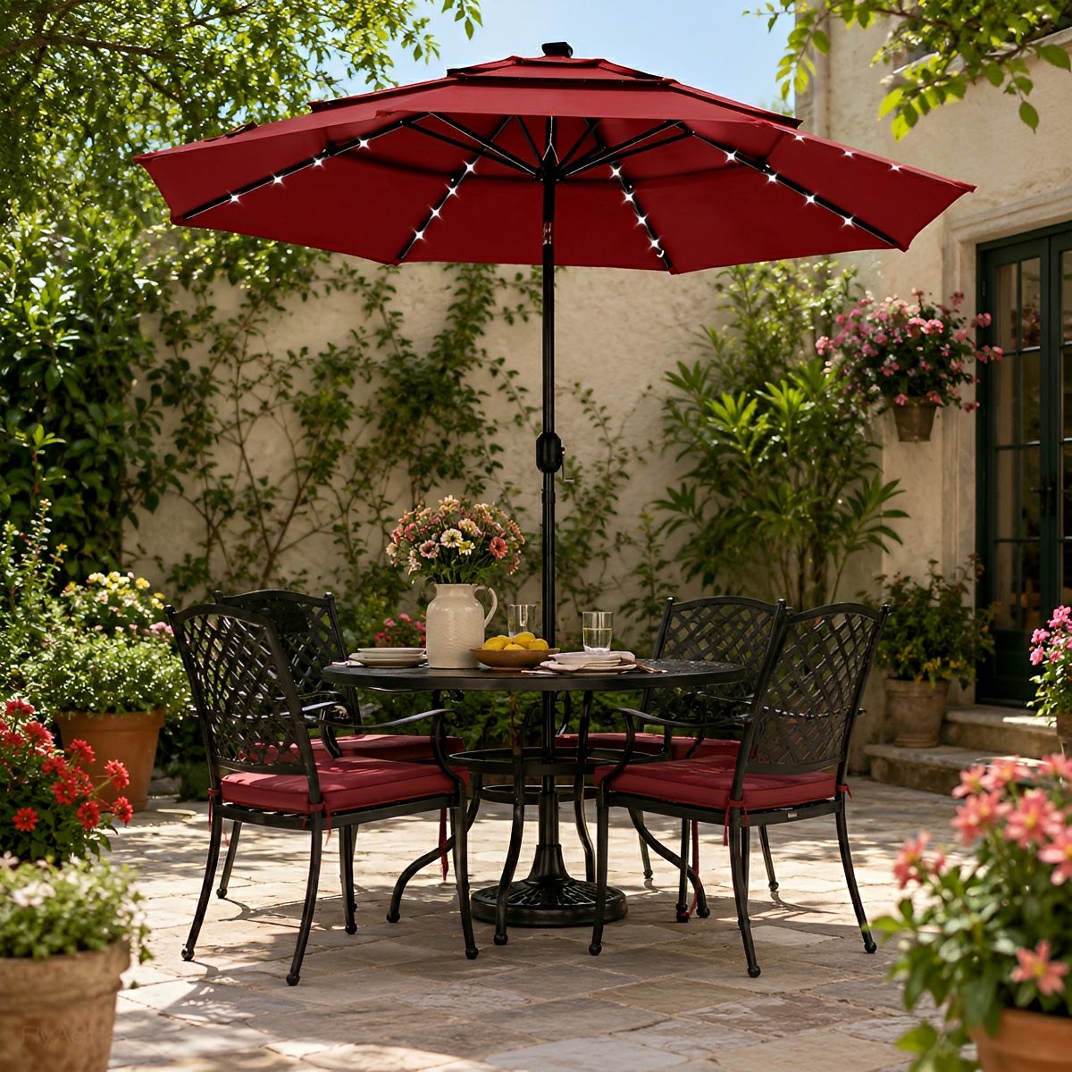 10FT 3 - Tier Solar Patio Outdoor Umbrella with 32 LED Lights - Flyachilles