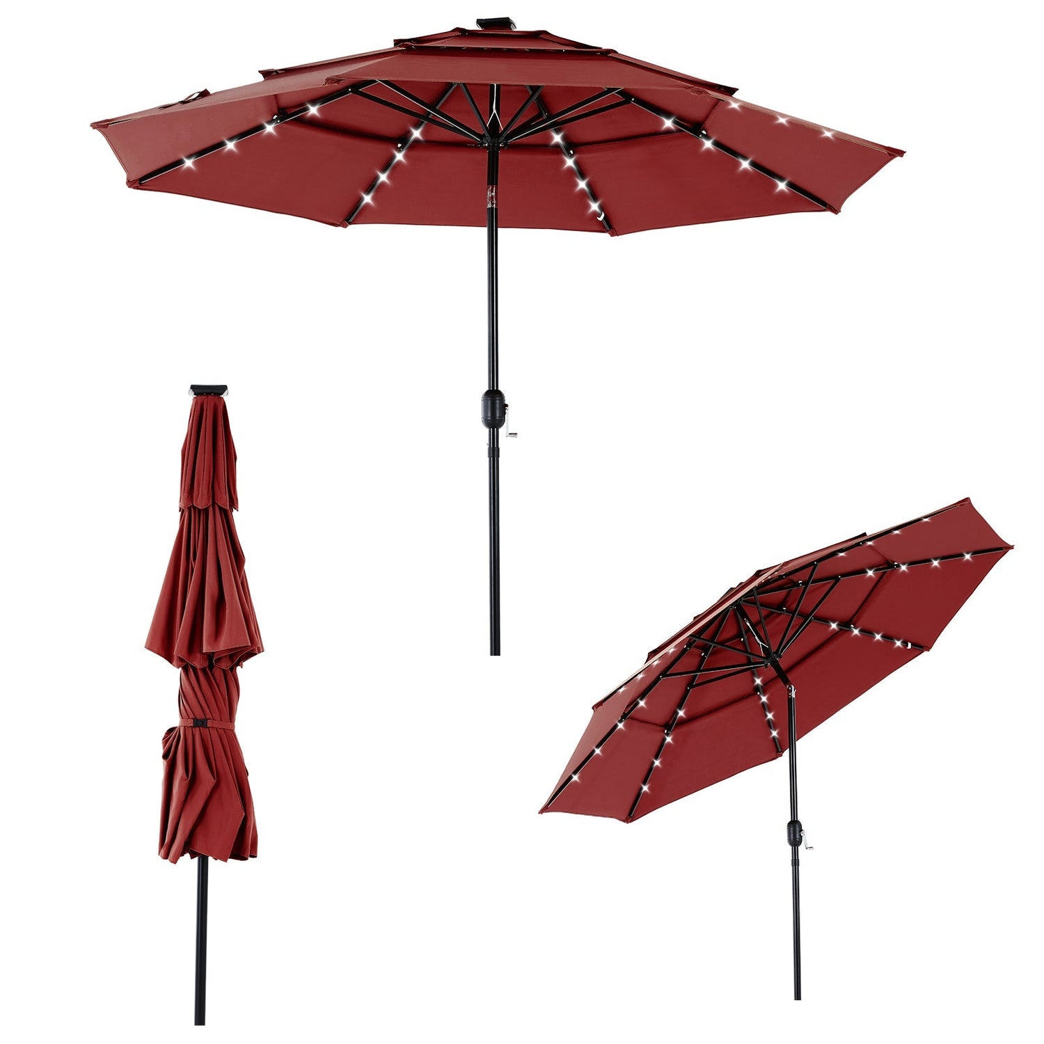 10ft 3 tier patio umbrella 10FT 3-Tier Solar Patio Outdoor Umbrella with 32 LED Lights for Patios, Decks, Gardens, Beaches