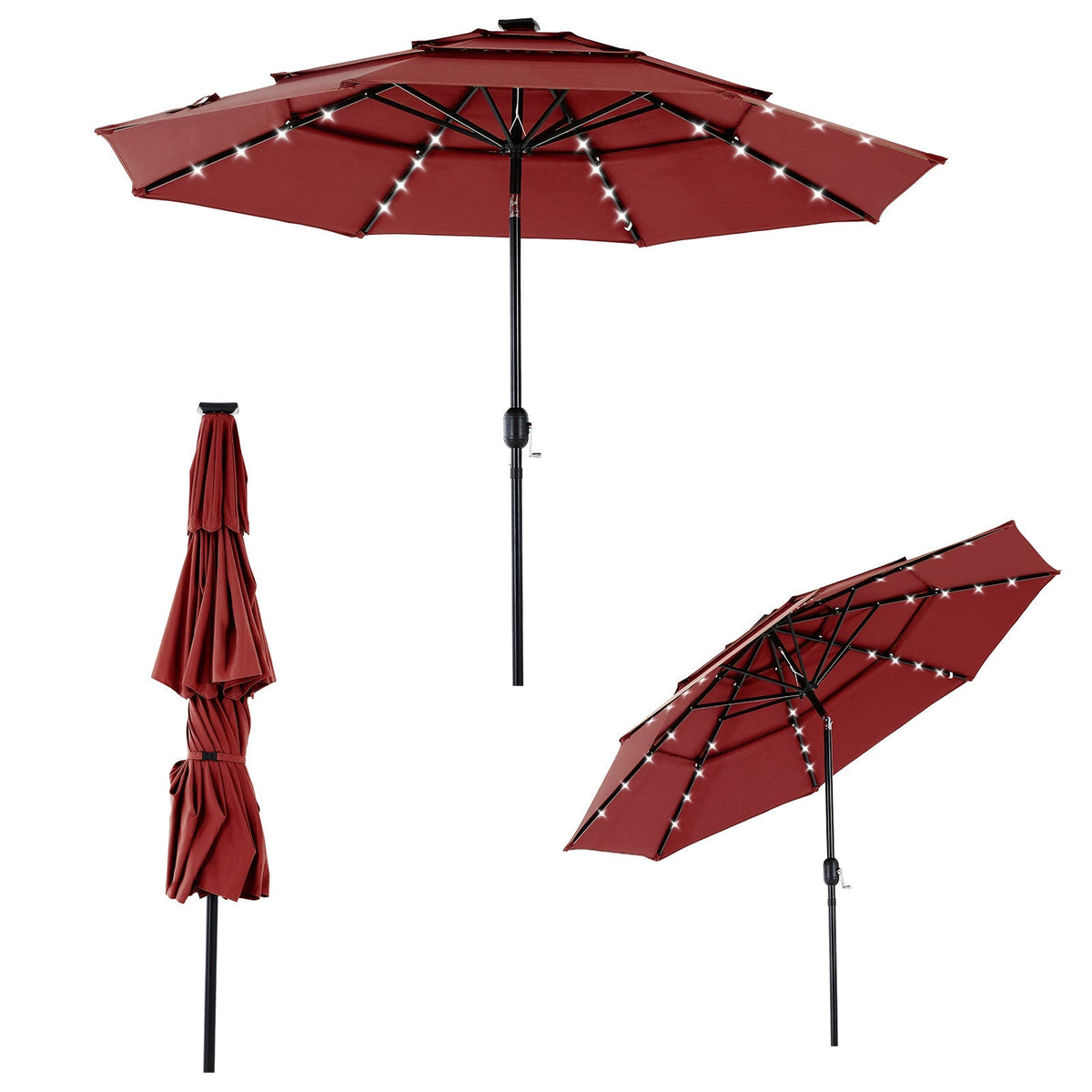 10FT 3 - Tier Solar Patio Outdoor Umbrella with 32 LED Lights - Flyachilles