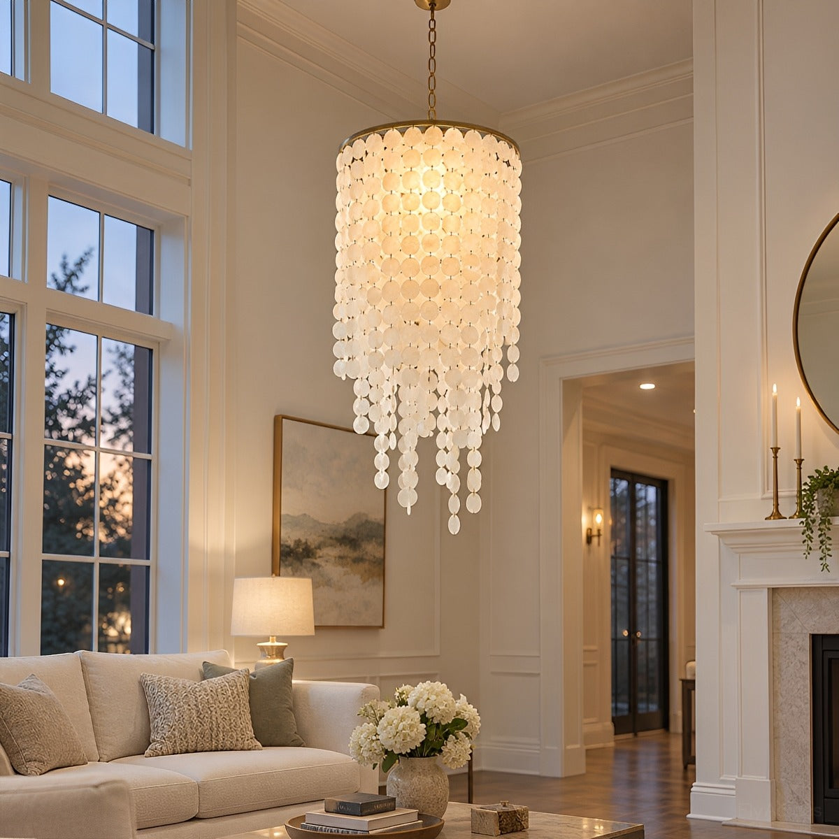 French Natural Shell Cascading LED Chandelier
