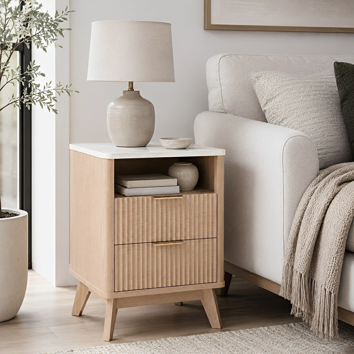 2 - Drawer Bedside Cabinet Carved Nightstand with Charging Station - Flyachilles
