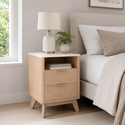 2 - Drawer Bedside Cabinet Carved Nightstand with Charging Station - Flyachilles