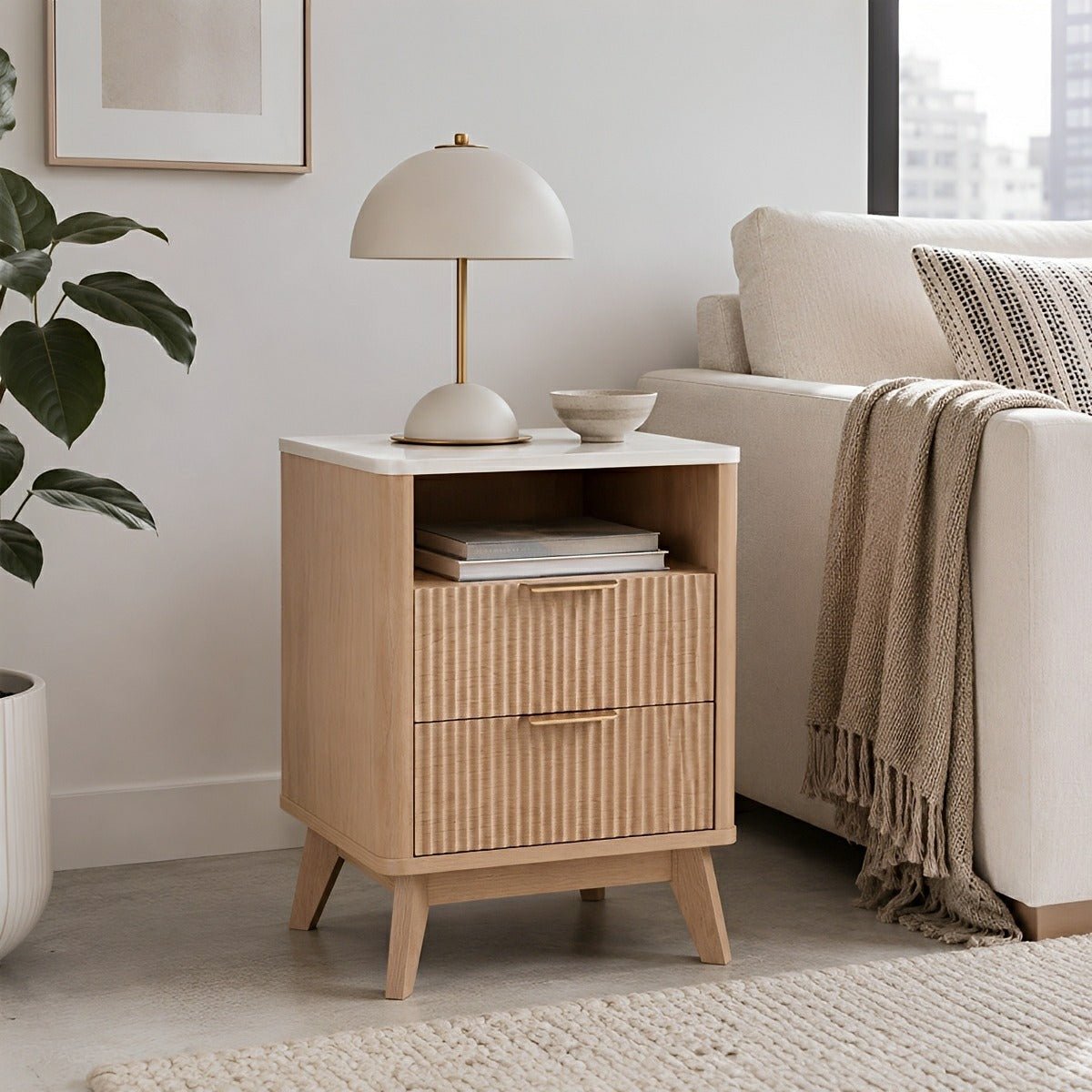 2 - Drawer Bedside Cabinet Carved Nightstand with Charging Station - Flyachilles