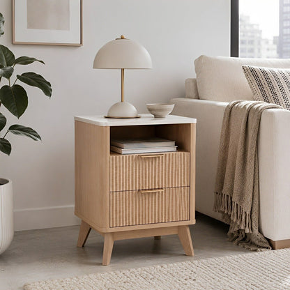 2 - Drawer Bedside Cabinet Carved Nightstand with Charging Station - Flyachilles
