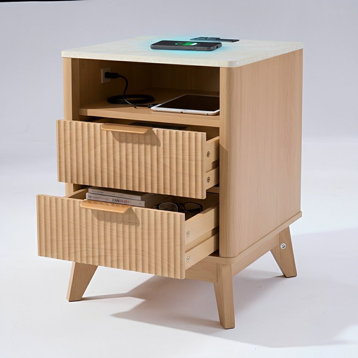 2 - Drawer Bedside Cabinet Carved Nightstand with Charging Station - Flyachilles