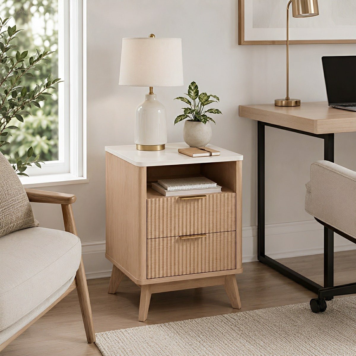 2 - Drawer Bedside Cabinet Carved Nightstand with Charging Station - Flyachilles
