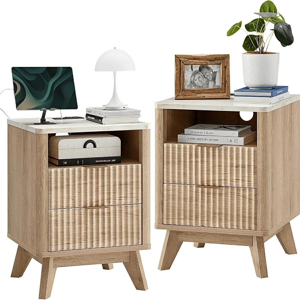 2 - Drawer Bedside Cabinet Carved Nightstand with Charging Station - Flyachilles