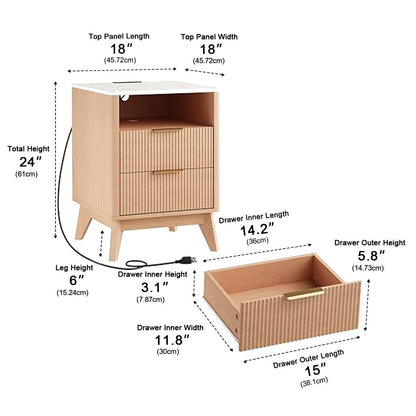 2 - Drawer Bedside Cabinet Carved Nightstand with Charging Station - Flyachilles