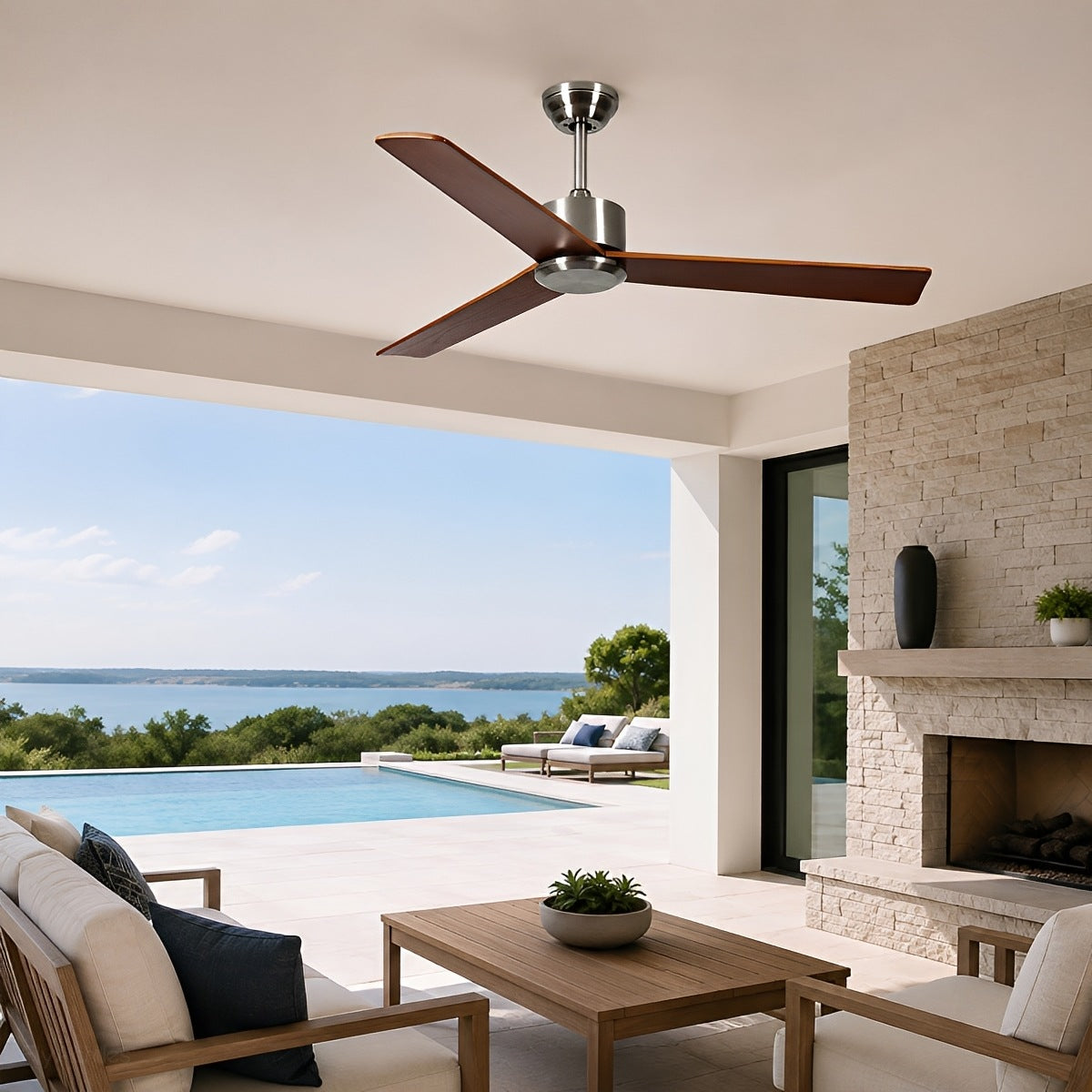 Waterproof 3-Blade Streamlined Wood Outdoor Ceiling Fan