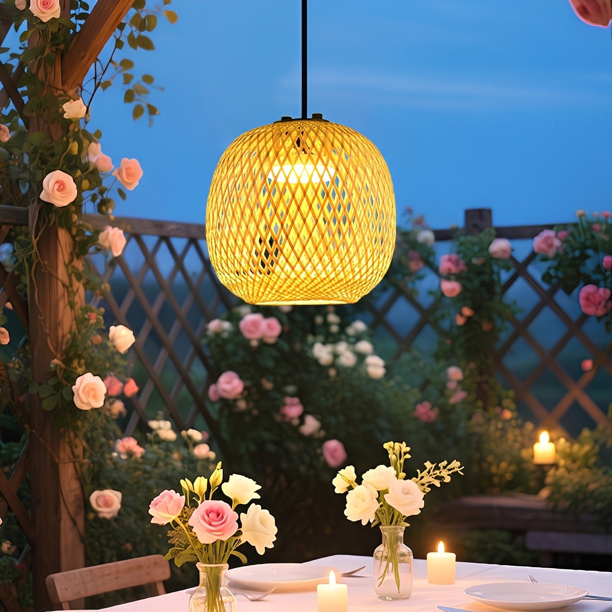 Waterproof Coastal Oval Wood Rattan LED Outdoor Pendant Light