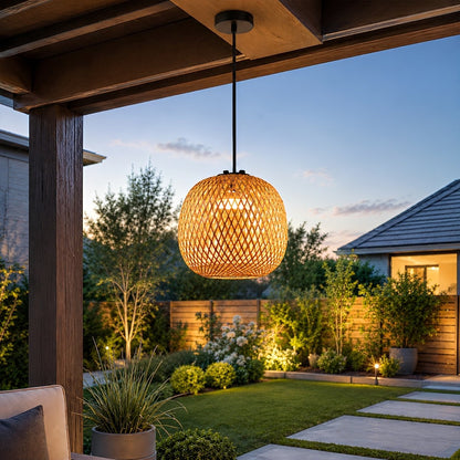 Waterproof Coastal Oval Wood Rattan LED Outdoor Pendant Light