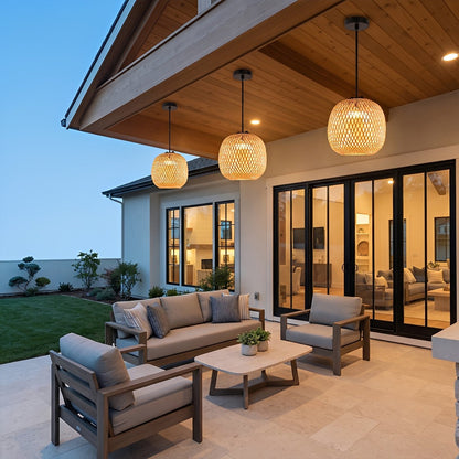 Waterproof Coastal Oval Wood Rattan LED Outdoor Pendant Light