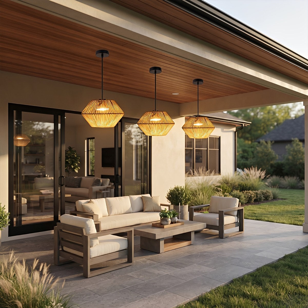 Waterproof Coastal Geometric Rattan LED Outdoor Pendant Light