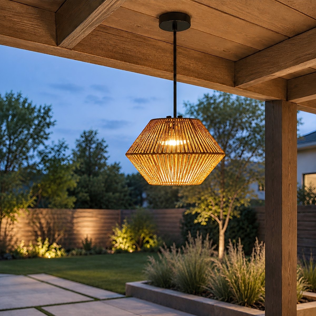 Waterproof Coastal Geometric Rattan LED Outdoor Pendant Light
