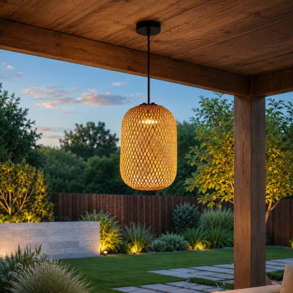 Waterproof Coastal Rounded Cylinder Rattan LED Outdoor Pendant Light