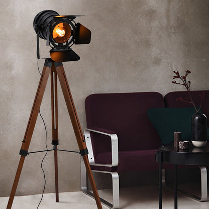 Vintage Industrial Tripod Wood LED Floor Lamp