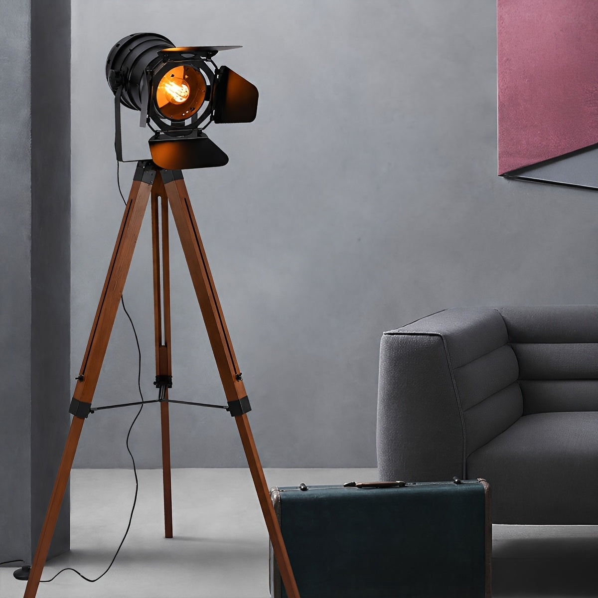 Vintage Industrial Tripod Wood LED Floor Lamp