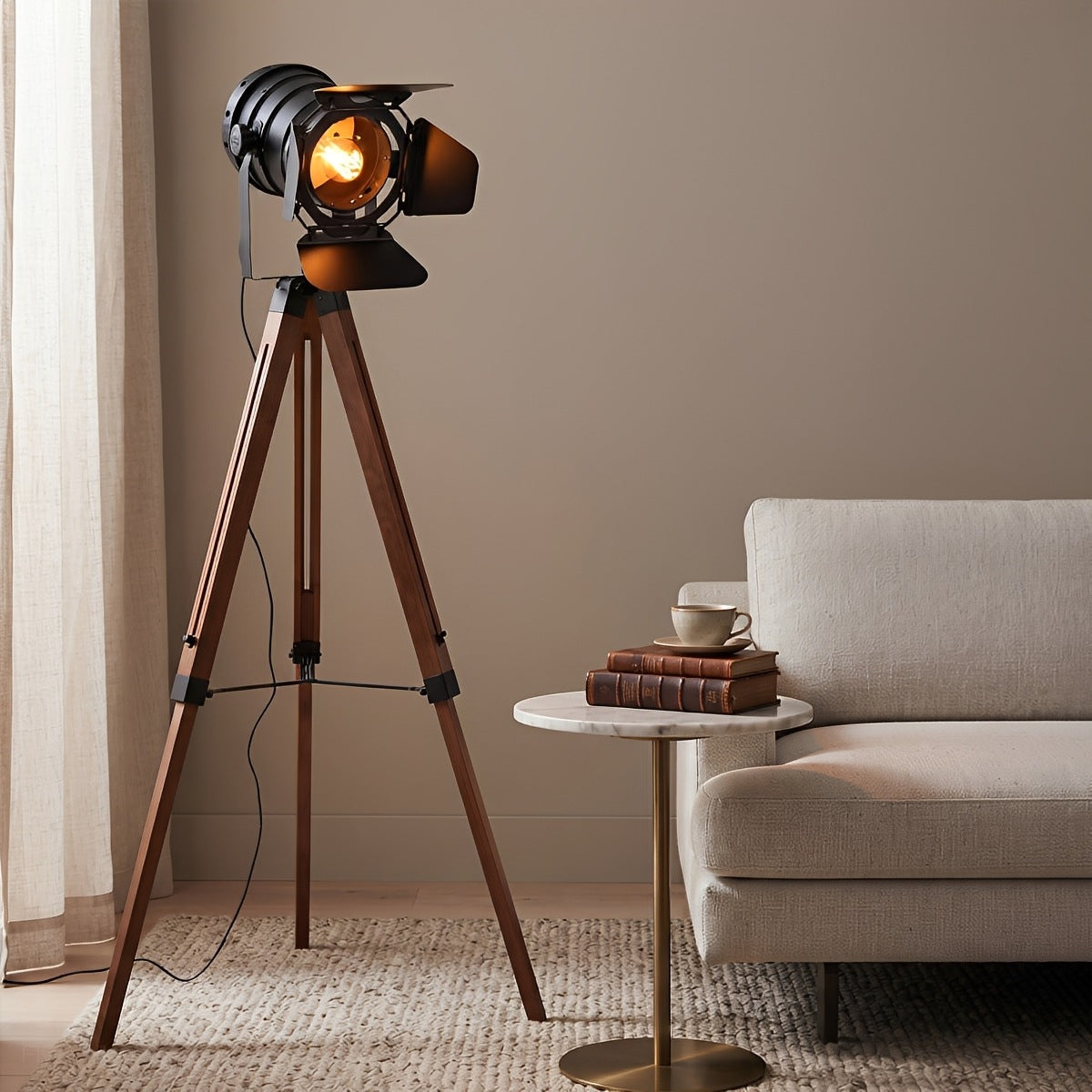 Vintage Industrial Tripod Wood LED Floor Lamp