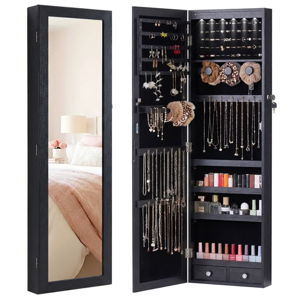 47.2" Wall Jewelry Armoire with Full Mirror &amp; Lockable - Flyachilles