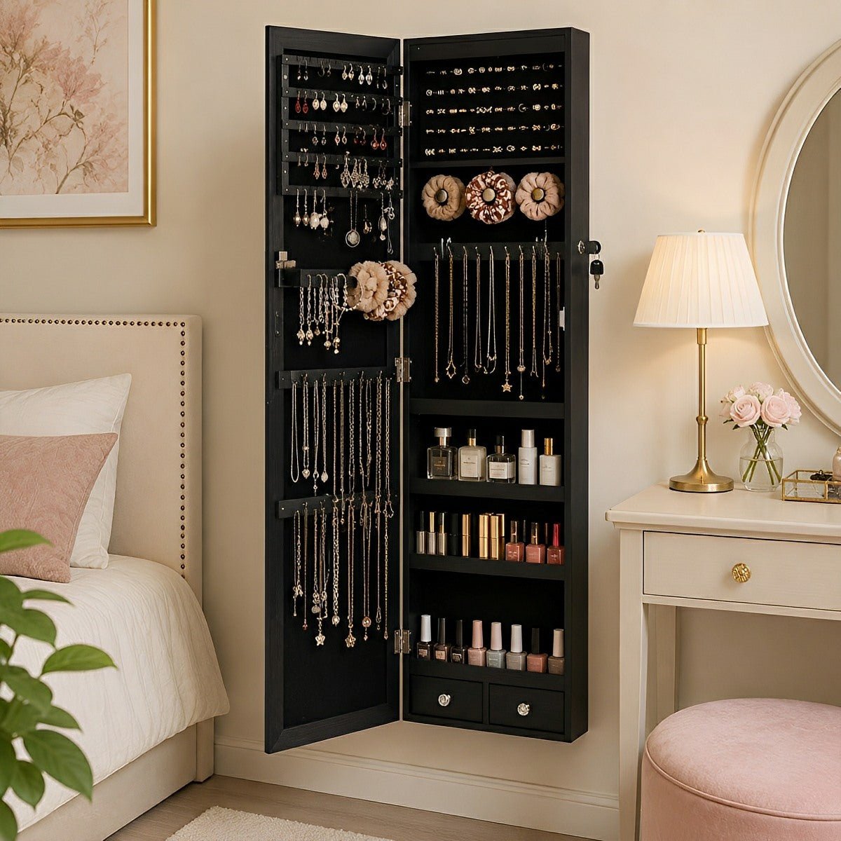 47.2" Wall Jewelry Armoire with Full Mirror &amp; Lockable - Flyachilles