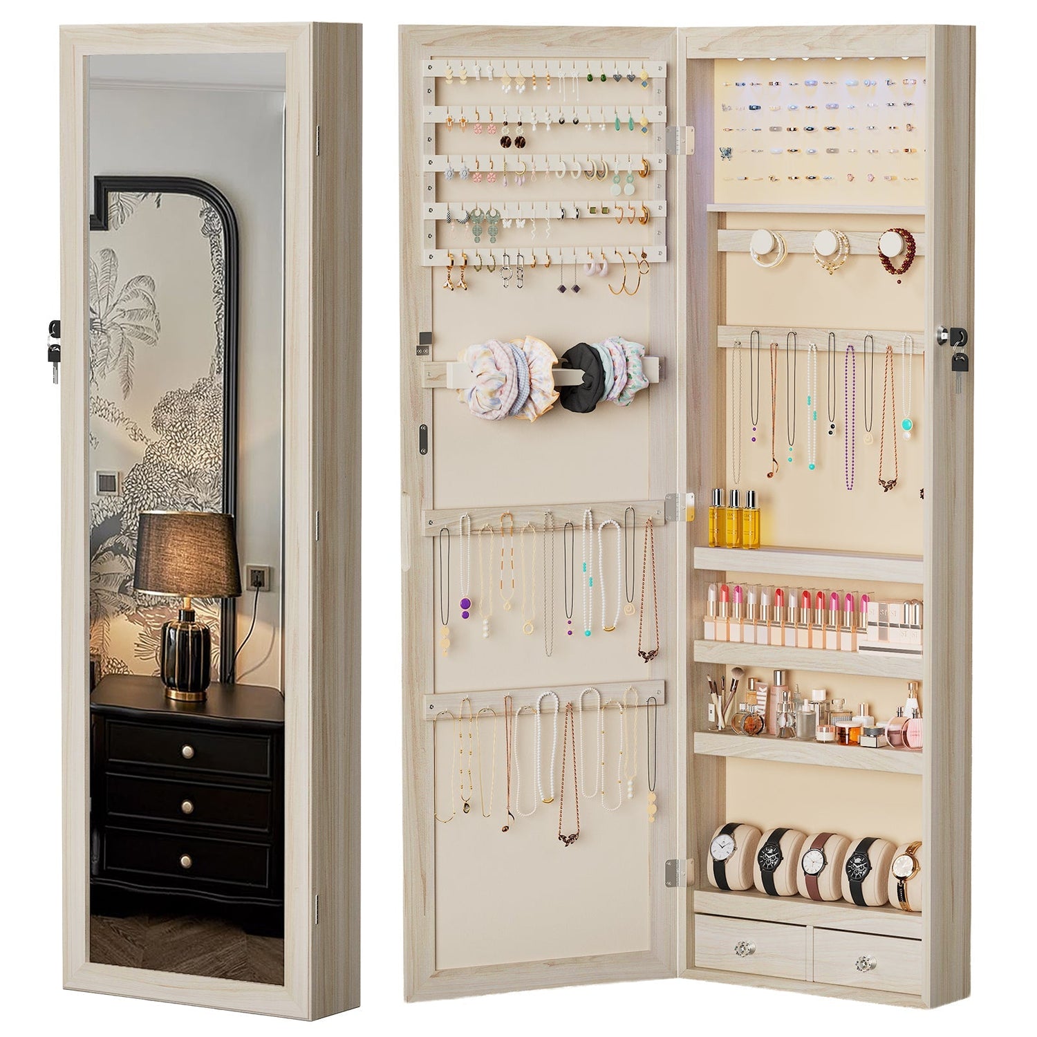 47.2" Wall Jewelry Armoire with Full Mirror &amp; Lockable - Flyachilles