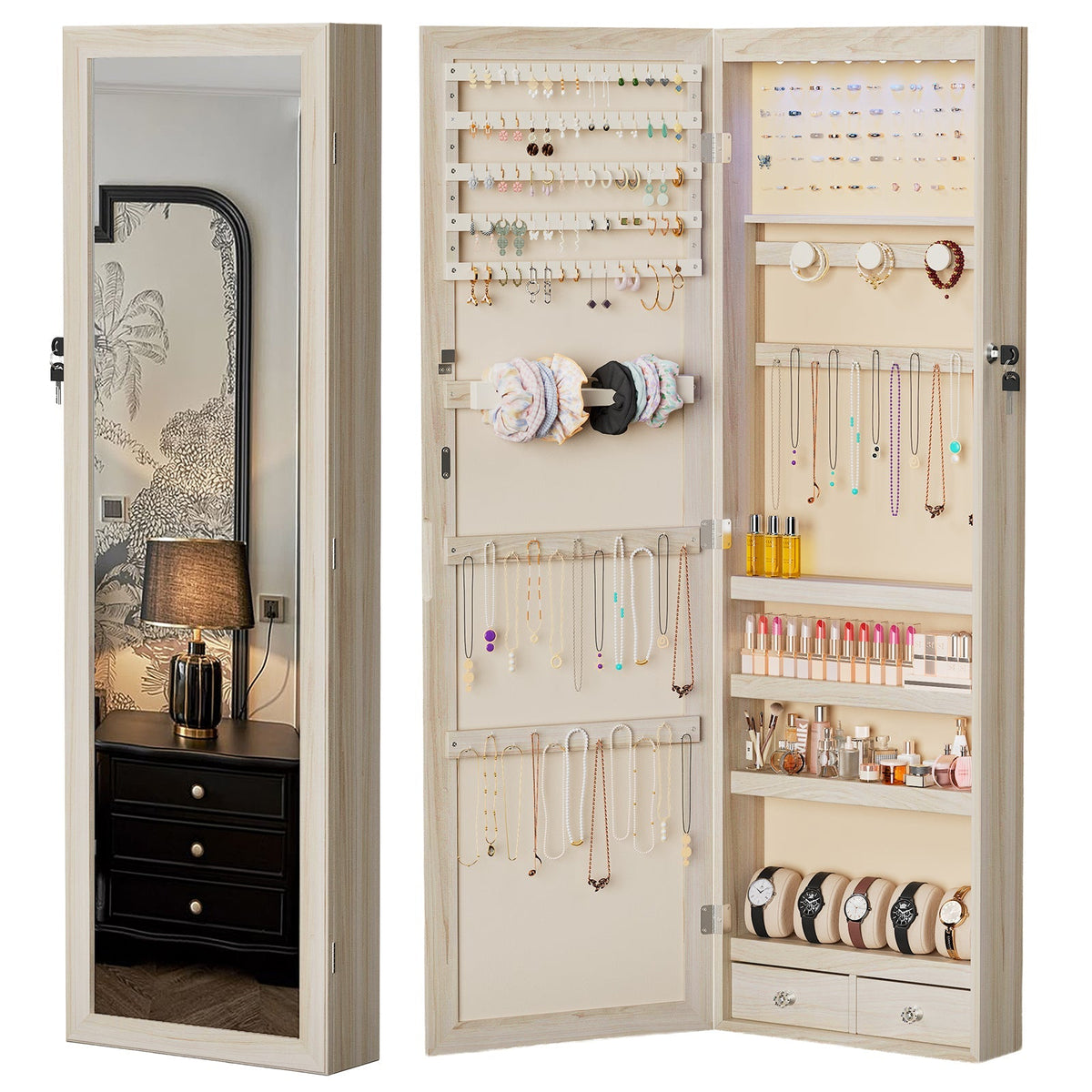 47.2" Wall Jewelry Armoire with Full Mirror &amp; Lockable - Flyachilles