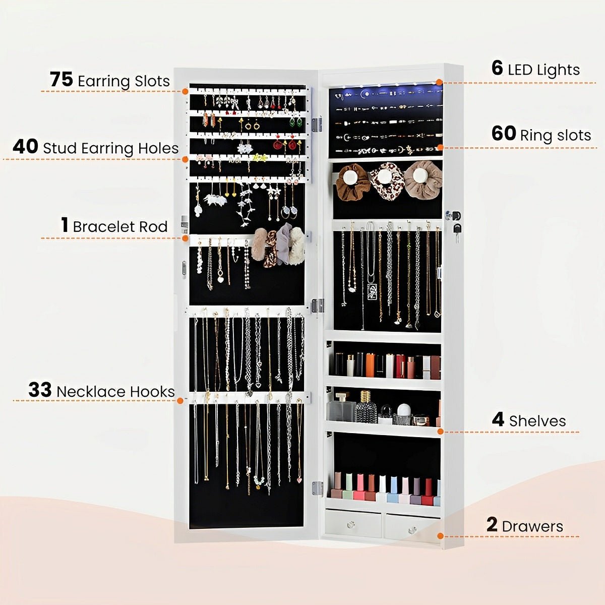 47.2" Wall Jewelry Armoire with Full Mirror &amp; Lockable - Flyachilles