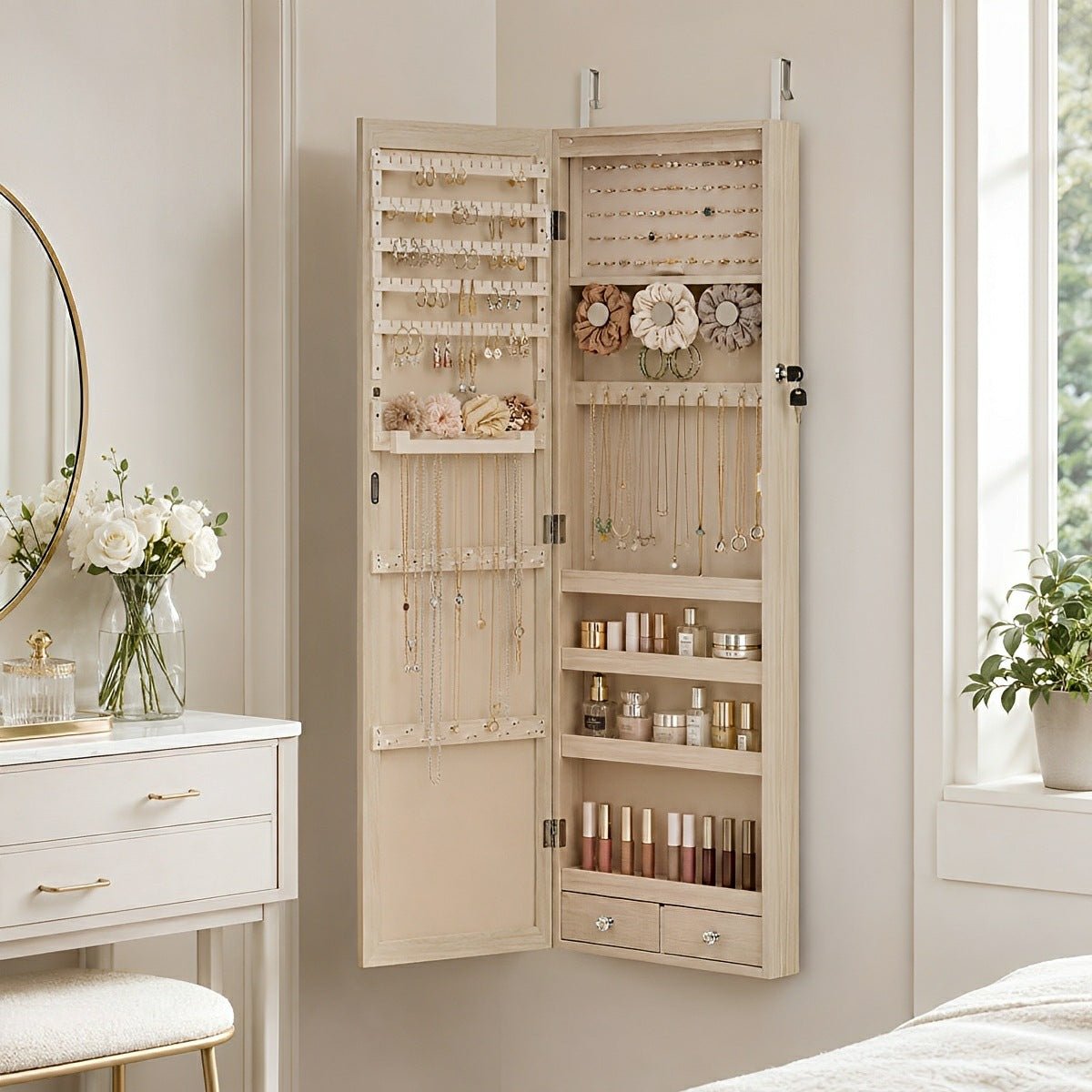 47.2" Wall Jewelry Armoire with Full Mirror &amp; Lockable - Flyachilles