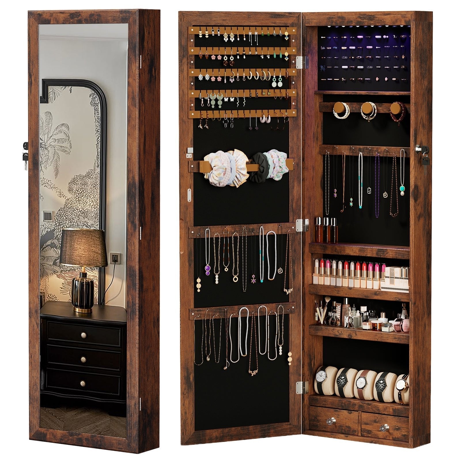 47.2" Wall Jewelry Armoire with Full Mirror &amp; Lockable - Flyachilles