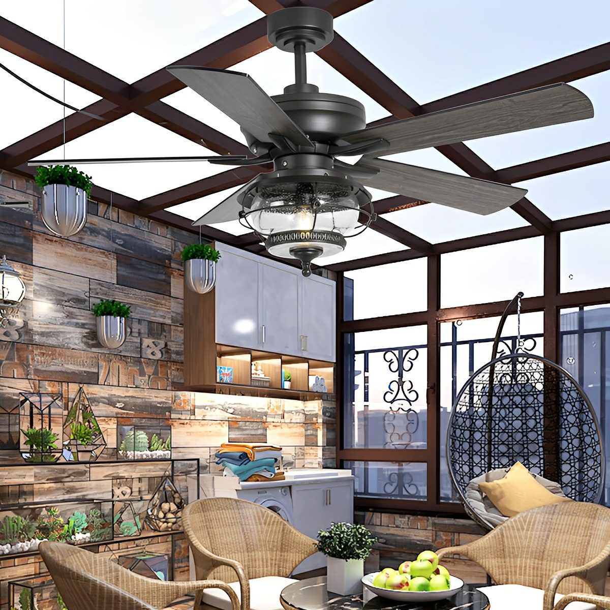 52" Black Classic Globe Lamp Outdoor DC Motor Reverse Ceiling Fan Light - Flyachilles