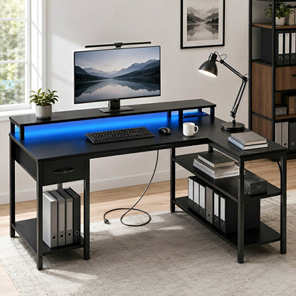 53" L-Shaped Gaming Desk with LED &amp; Power Outlet - Flyachilles