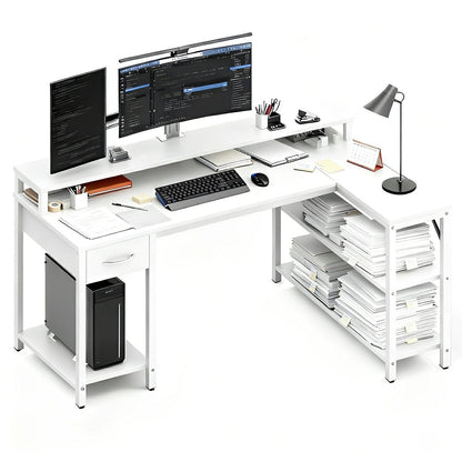 53" L-Shaped Gaming Desk with LED &amp; Power Outlet - Flyachilles