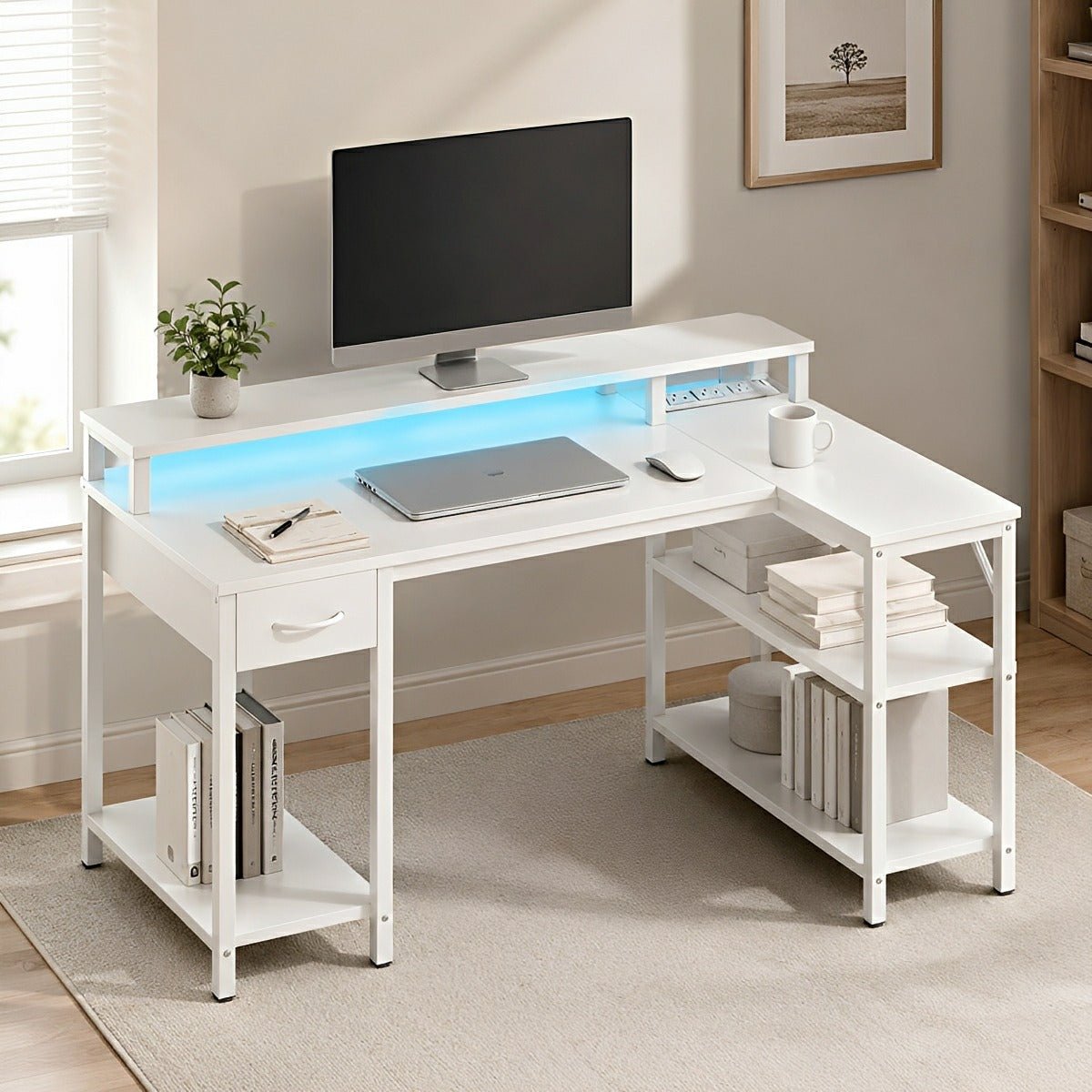 53" L-Shaped Gaming Desk with LED &amp; Power Outlet - Flyachilles