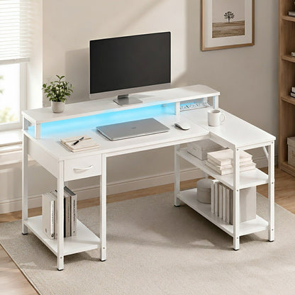 53" L-Shaped Gaming Desk with LED &amp; Power Outlet - Flyachilles