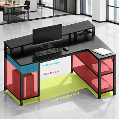 53" L-Shaped Gaming Desk with LED &amp; Power Outlet - Flyachilles