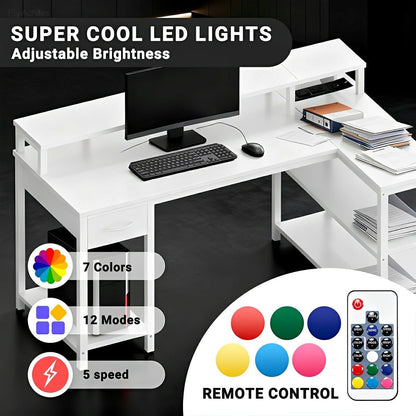 53" L-Shaped Gaming Desk with LED &amp; Power Outlet - Flyachilles
