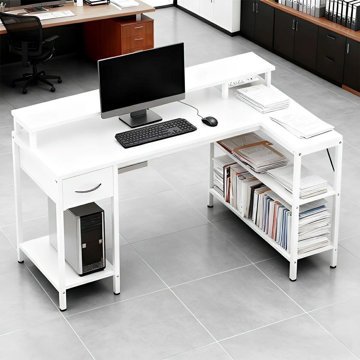 53" L-Shaped Gaming Desk with LED &amp; Power Outlet - Flyachilles