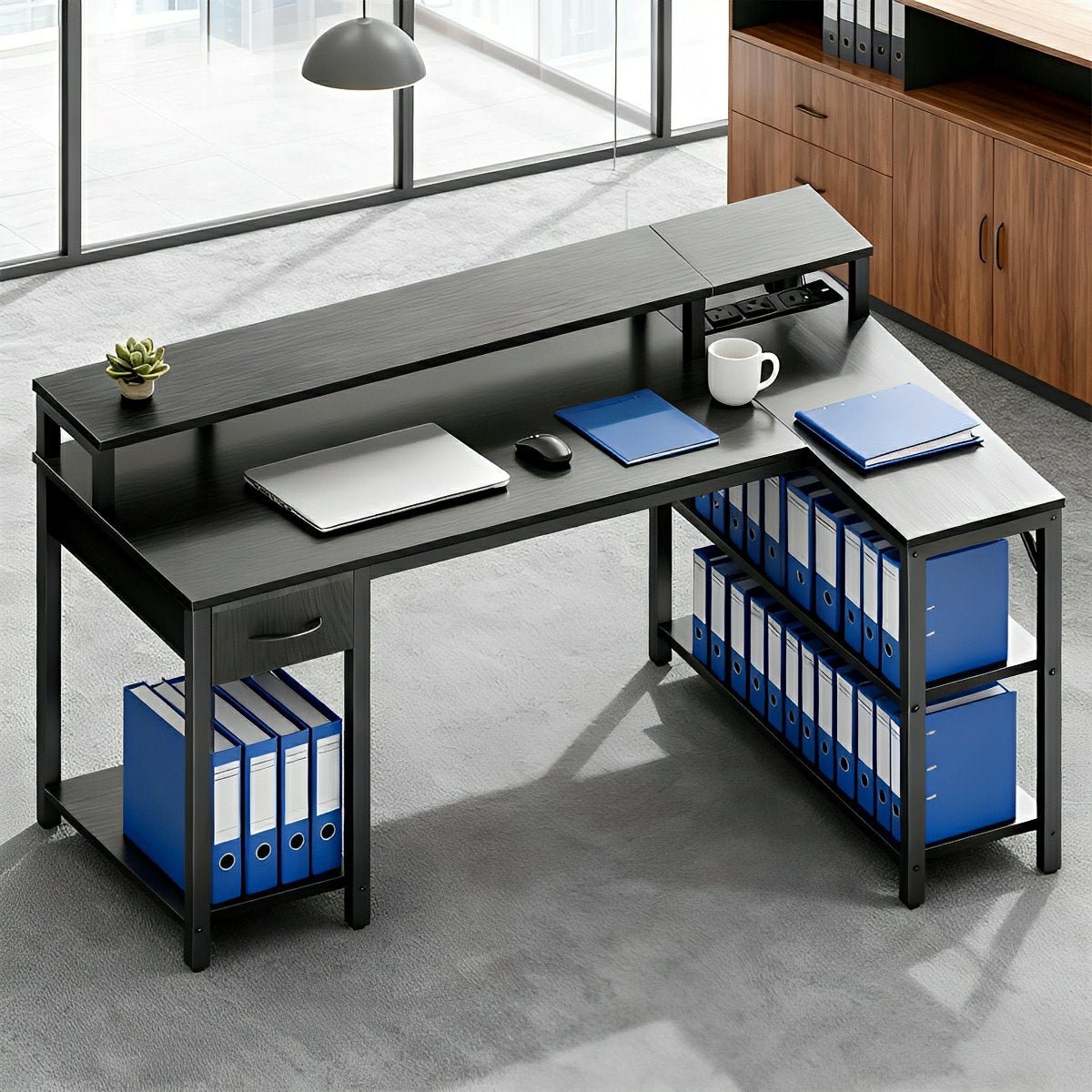 53" L-Shaped Gaming Desk with LED &amp; Power Outlet - Flyachilles