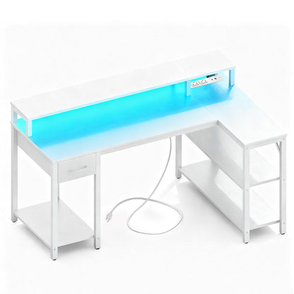 53" L-Shaped Gaming Desk with LED &amp; Power Outlet - Flyachilles