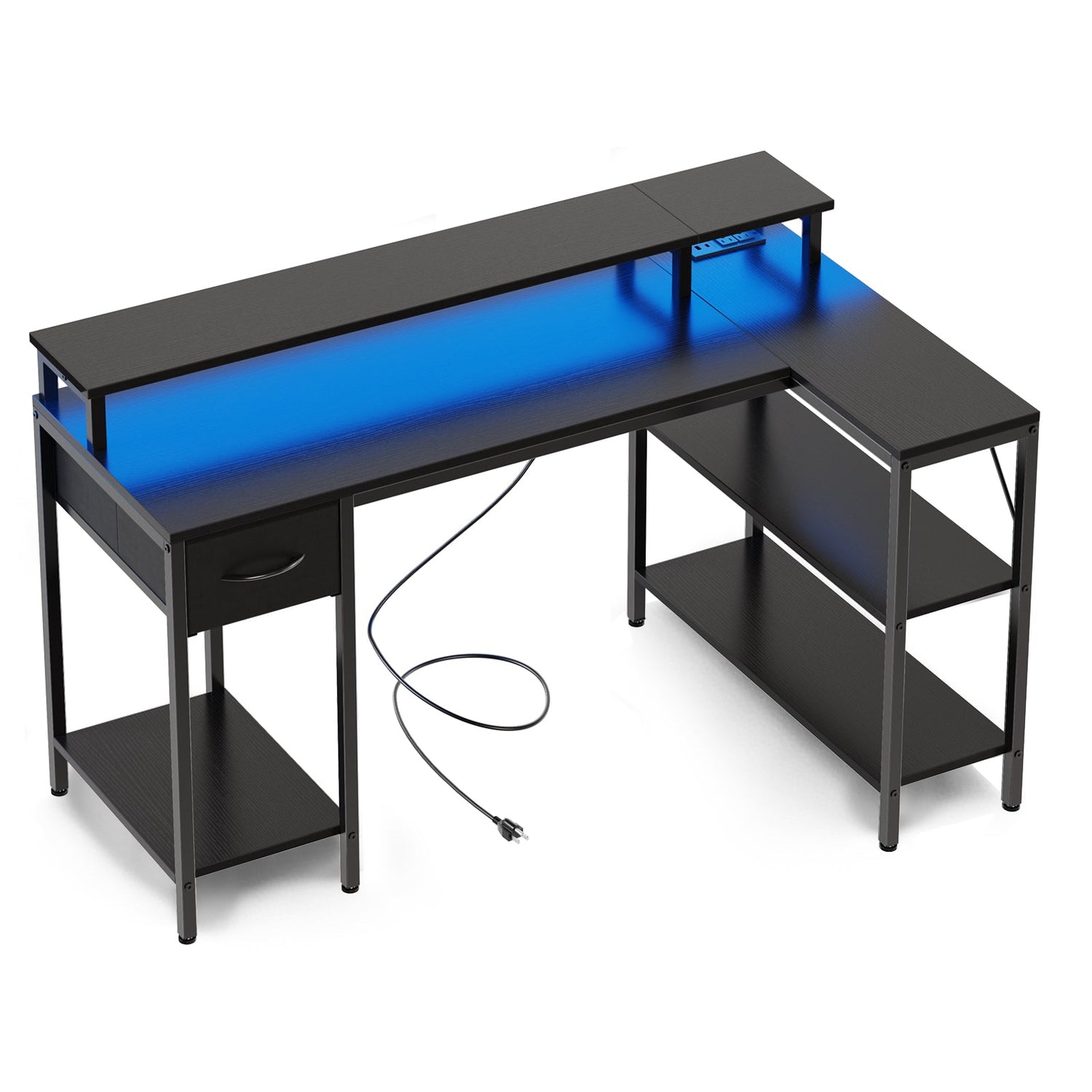 53" L-Shaped Gaming Desk with LED &amp; Power Outlet - Flyachilles