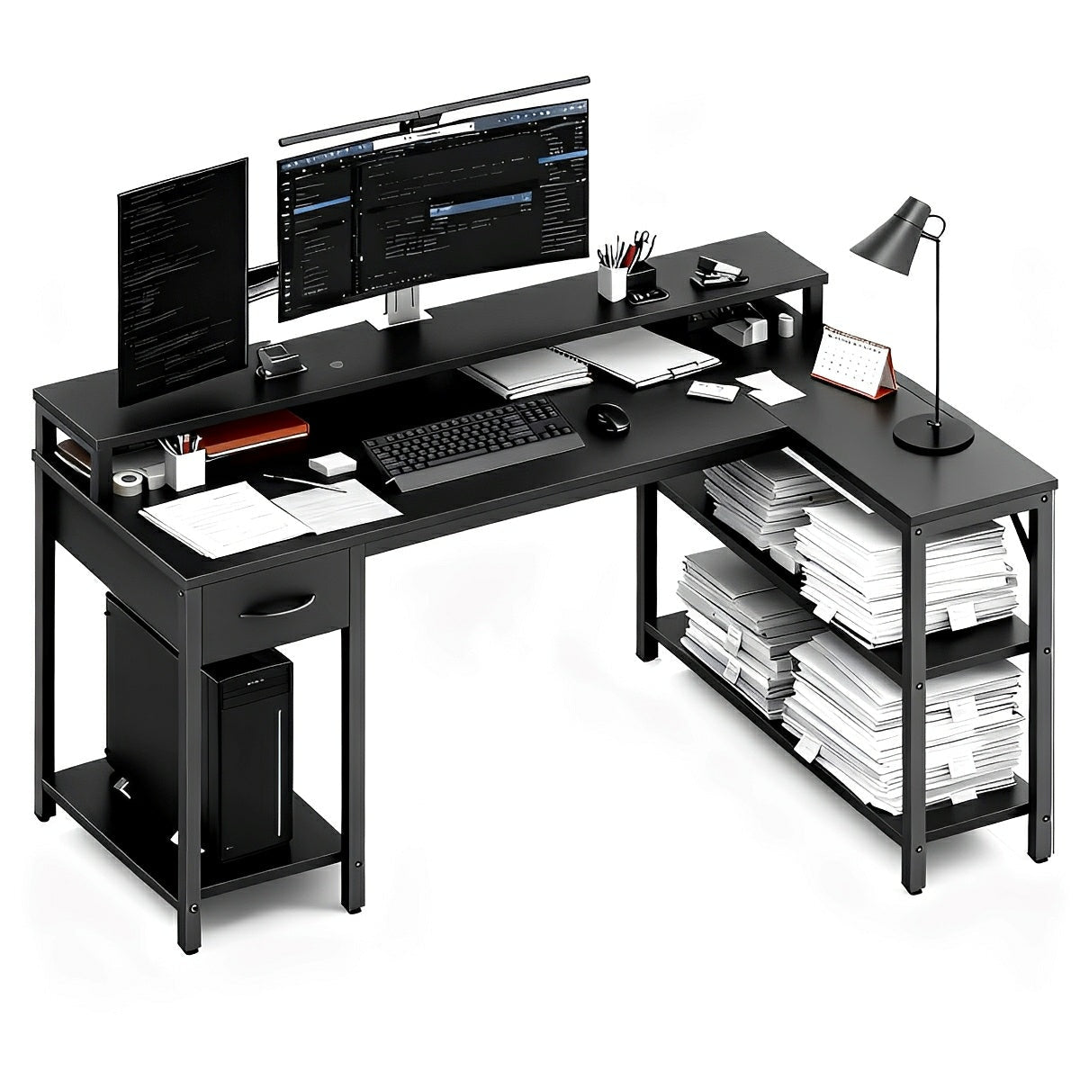 53" L-Shaped Gaming Desk with LED &amp; Power Outlet - Flyachilles