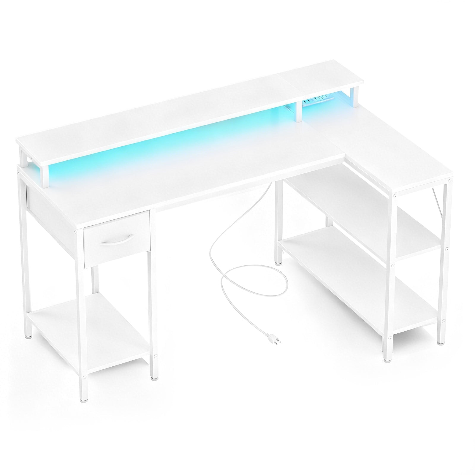 53" L-Shaped Gaming Desk with LED &amp; Power Outlet - Flyachilles