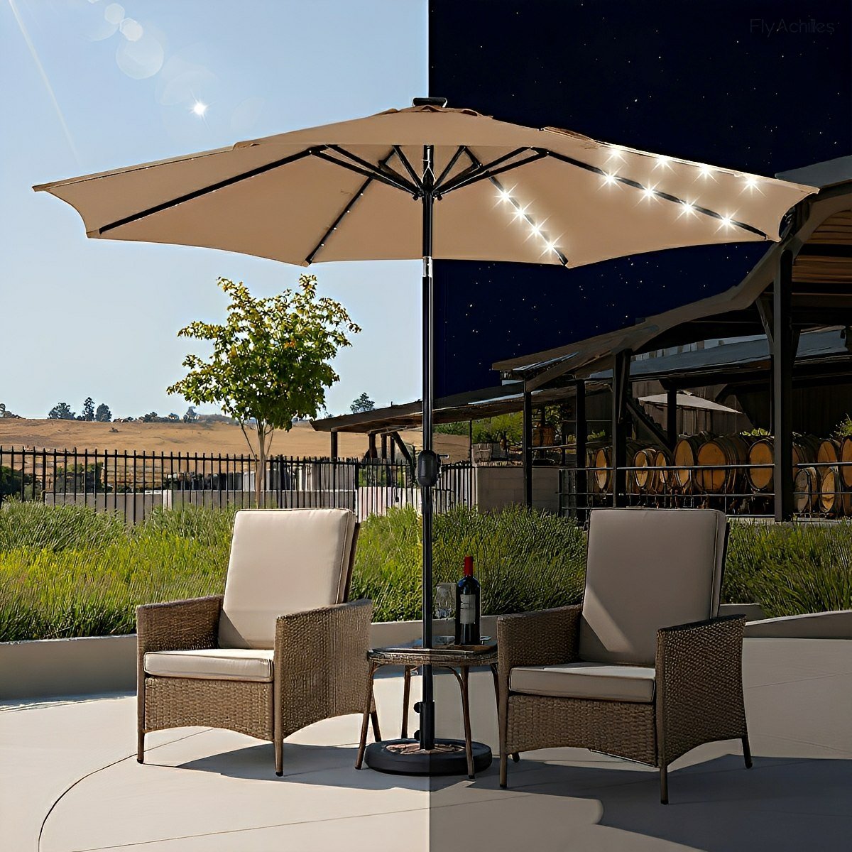 9.5FT Solar LED Light Outdoor Umbrella with Tilt Adjustment - Flyachilles