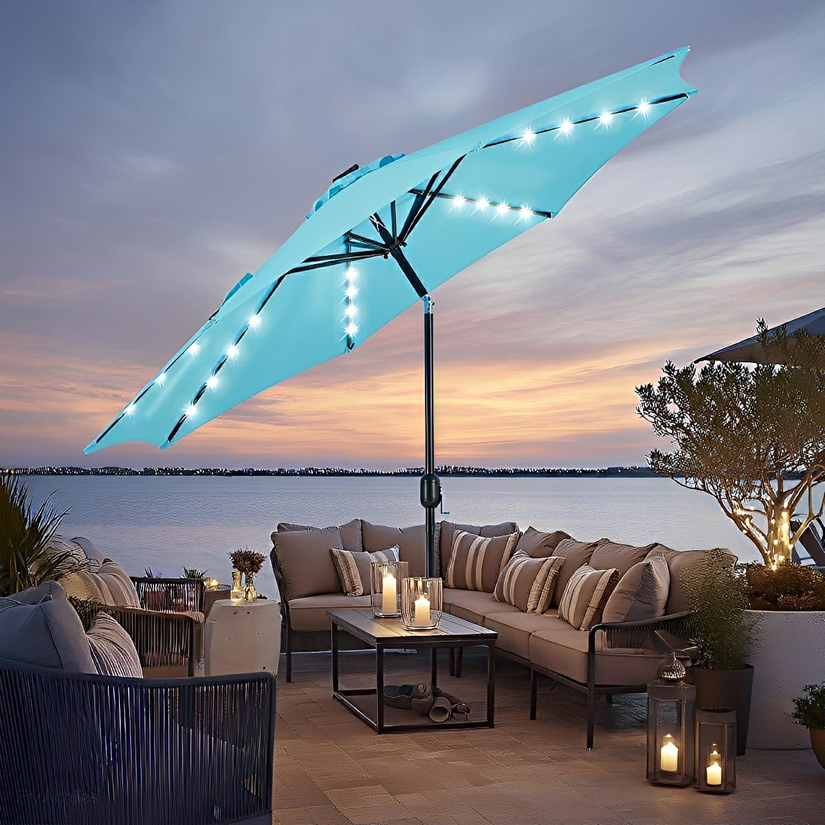 9.5FT Solar LED Light Outdoor Umbrella with Tilt Adjustment - Flyachilles