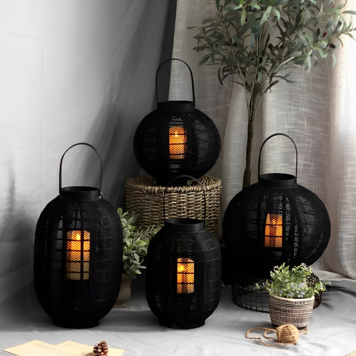 Black Handmade Wood LED Candle Lantern Floor Lamp - Flyachilles