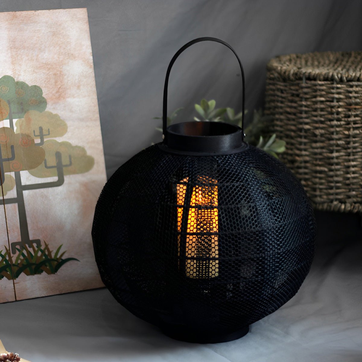 Black Handmade Wood LED Candle Lantern Floor Lamp - Flyachilles