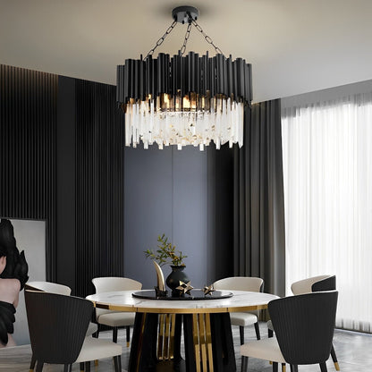 Circular Clear Crystal Metal Black Modern Chandelier Pendant Lamp - Flyachilles